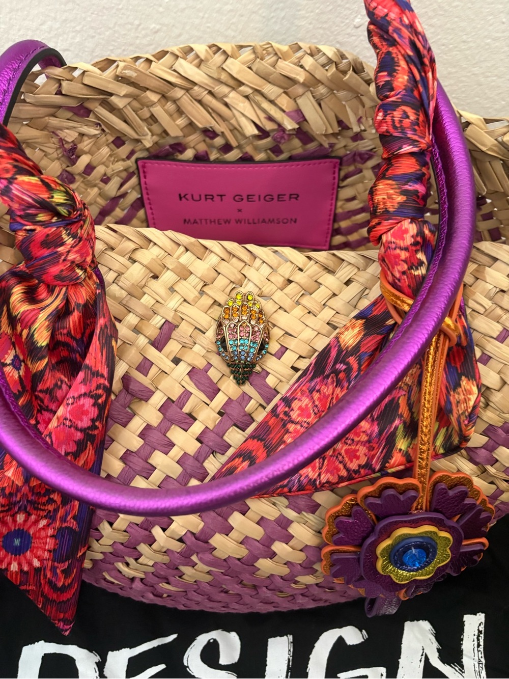 Kurt Geiger Purple-Trim Straw Tote with Floral Scarf Handles - Picture 4 of 7